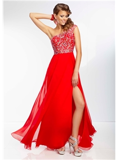 Graceful A Line One Shoulder Beading Split Front Floor Length Prom Dress