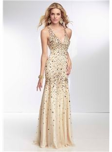 Extravagant Mermaid V Neck Beading Criss Cross Straps Long Evening Pageant Dress