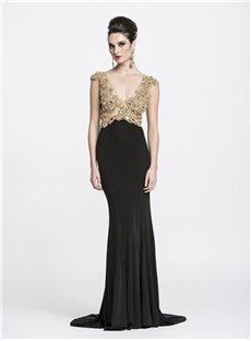 Sexy Backless Trumpet V Neck Crystal Sweep Train Floor Length Evening Dress