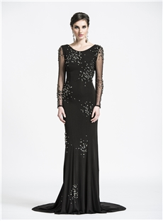 Glamorous Backless Sheath Column Scoop Neckline Beading Court Train Long Evening Dress