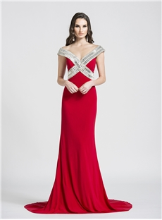 Alluring Sheath Column Off The Shoulder Beading Sweep Train Long Evening Dress