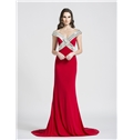 Alluring Sheath Column Off The Shoulder Beading Sweep Train Long Evening Dress
