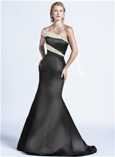 Graceful One Shoulder Mermaid Pearls Court Train Long Evening Dress