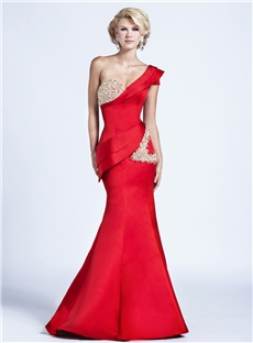 Awesome One Shoulder Mermaid Pearls Tiered Sweep Train Long Evening Dress