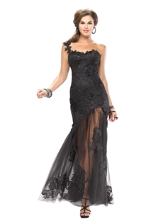 Cool Sheath One Shoulder Lace Sequins Sweep Train Long Prom Dress