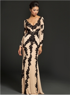 Vintage V-Neck Appliques Sheath/Column Long Sleeves Long Evening Dress