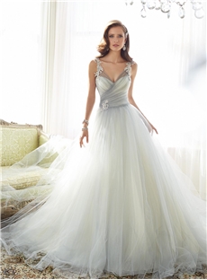 Elegant A Line V Neck Appliques Chapel Wedding Dress