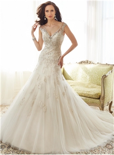 Charming V Neck Appliques Beading Court Wedding Dress