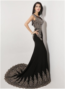 Elegant Tulle Neckline Trumpet Appliques Floor Length Court Train Evening Dress