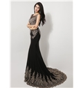 Elegant Tulle Neckline Trumpet Appliques Floor Length Court Train Evening Dress