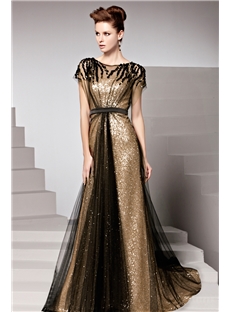 Charming Scoop Neck Sequins Sashes Court Train Short Sleeves Long Evening Dress