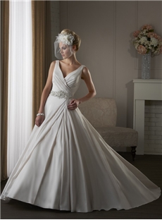 Elegant Spaghetti Straps V Neck Beaded Waist Taffeta Wedding Dress
