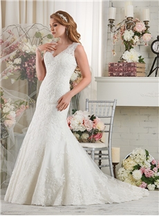 Sexy Beaded V Neck Floor Length Mermaid Lace Wedding Dress