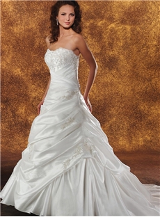 Elegant Strapless Beaded Appliques White Taffeta Wedding Dress