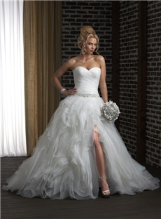 Sexy Ruched Sweetheart Split Front Tiered Organza Ruffles Wedding Dress