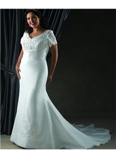 Brilliant Trumpet Mermaid V Neck Short Sleeve Floor Length Chapel Lace Plus Size Wedding Dresses