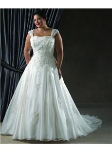 Splendid A Line Square Sleeveless Floor Length Chapel Appliques Plus Size Wedding Dresses