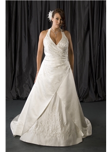 Brilliant A Line Halter Floor Length Chapel Embroidery Plus Size Wedding Dresses