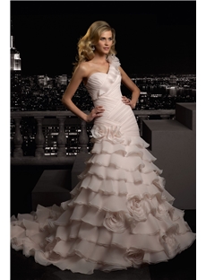 Amazing Trumpet Mermaid One Shoulder Flower Tiered Color Wedding Dress