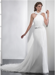 Grand Empire High Neck Chapel Train Wedding Dress