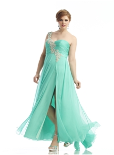 Pure One Shoulder Appliques Beading Split Front A Line Long Plus Size Prom Dress
