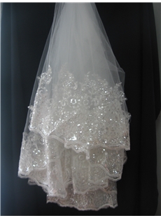Glamorous Lace Applique Edge Fingertip Wedding Bridal Veils With