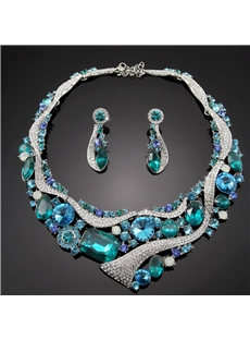 Handsome Alloy With Blue Diamond Wedding Jewelry Set Including Necklace And Earrings