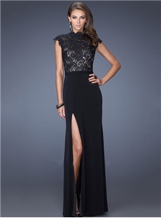Elegant High Neck Cap Sleeves Lace Split Front Long Evening Dress