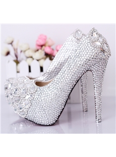 Chic Silver Crystal Closed Toe Stiletto Heel Wedding Shoes