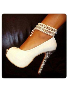 Chic White Peep Toe Pearl Ankle Strap High Heel Shoes