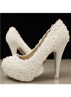 Chic White Lace Rhinestones Pearls Wedding Shoes