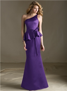 One Shoulder Belt Zipper Back Bowknot Sash Satin Purple Bridesmaide Dresses