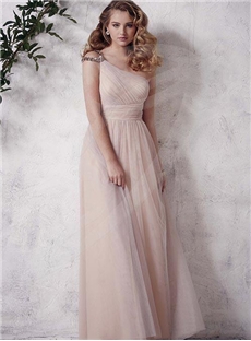 Graceful Plus Size A Line Full Length Tulle One Shoulder Bridesmaid Dress