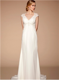 A Line Empire White Wedding Gowns Cap Sleeves With Applique Design