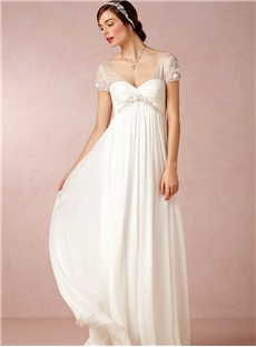 Sexy Empire Chiffon V Neck Short Sleeve Long Wedding Gowns