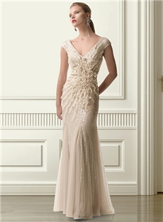 Gorgeous Column Flowers Sequins Cap Sleeves V Neck Floor Length Evening Dress
