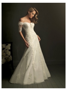 Gorgeous Off-the-shoulder Short-Sleeve A-Line Embroidery Floor-Length Wedding Dress WD-11036