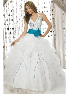Charming V Neck Strapless White With Blue Ball Gown 3ae0005