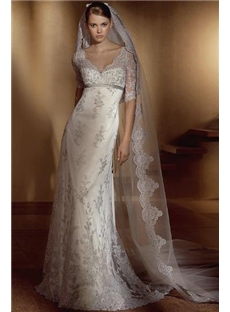 Amazing Sheath Column V Neck Half Sleeve Floor Length Lace Wedding Dresses 3ab0027