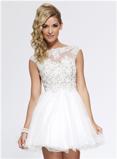 Cute A Line Bateau Neckline Lace Pearls Sequins Short Homecoming Dress