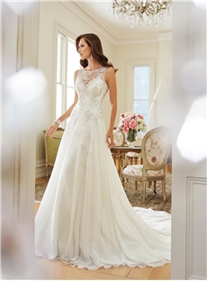 Elegant A Line Bateau Appliques Beading Backless Wedding Dress