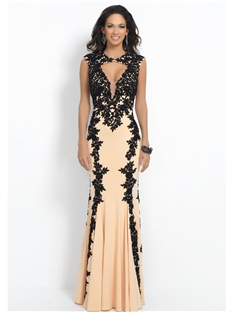 Vintage Jewel Neckline Appliques Sheath Floor Length Sweep Train Evening Dress