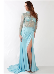 Sexy High Neckline Beading A Lien Split Front Court Train Plus Size Evening Dress