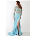 Sexy High Neckline Beading A Lien Split Front Court Train Plus Size Evening Dress