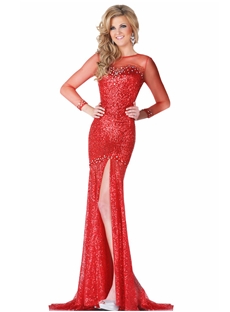 Sexy Tulle Neckline Sequins Beading Mermaid Split Front Sweep Train Evening Dress