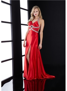 Sexy Spaghetti Straps Beading Split Front Sweep Train Long Evening Dress