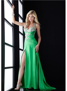 Sexy Criss Cross Straps Beading A Line Split Front Court Train Evening Pageant Dress