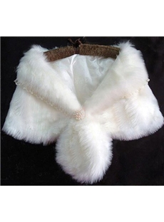 Brilliant Plush Lace Collar Ladys Faux Fur Wedding Evening Shawl With Pearl Ball