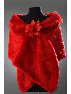 Elegant Big Faux Fur Wedding Evening Shawl With Flower And Lace Collar