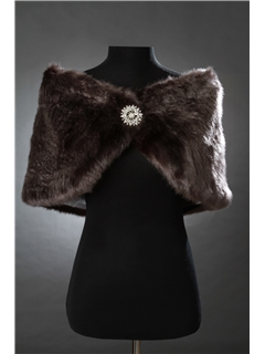 Popular Dark Chocolate Ladys Faux Fur Wedding Evening Shawl With Rhinestone Brooch